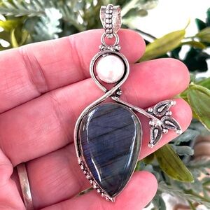 Flashy Blue Labradorite & Pearl Gemstone 2.5” Sterling Silver Pendant